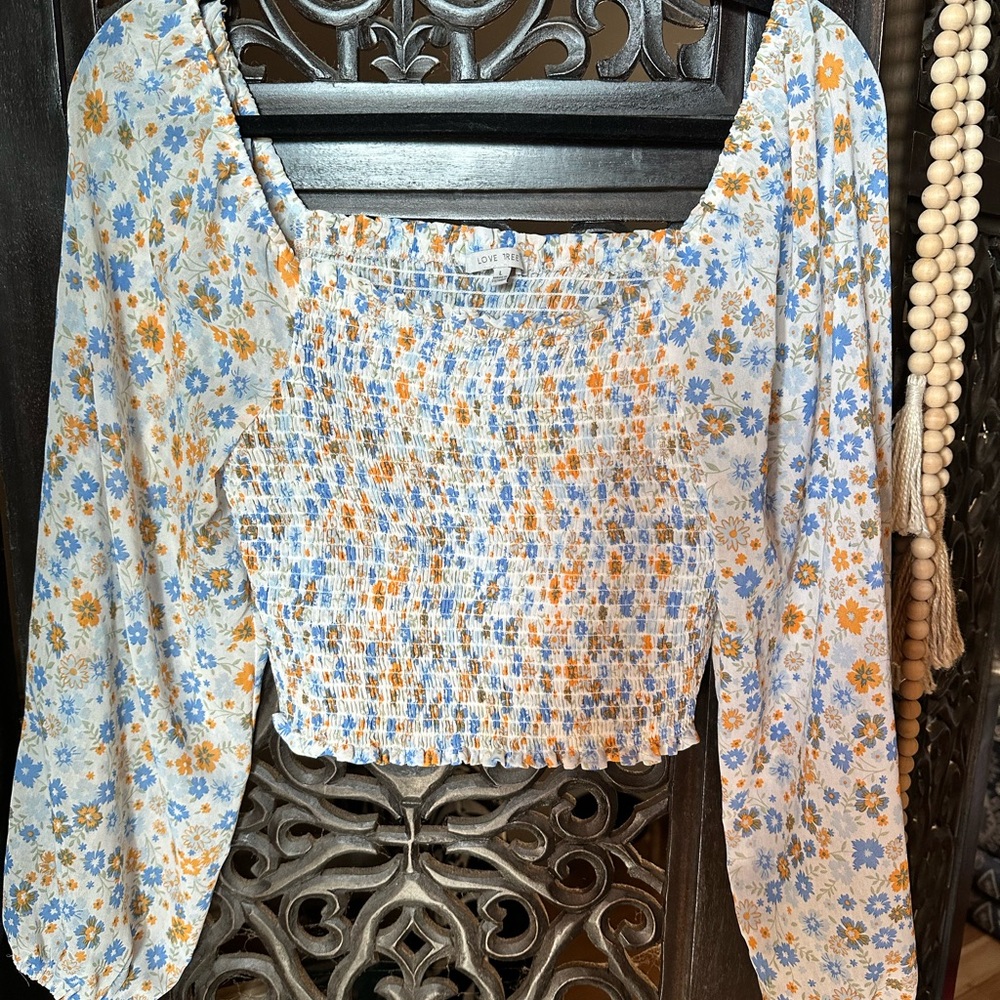 Love Tree Floral Smocked Blouse - Blue and Orange